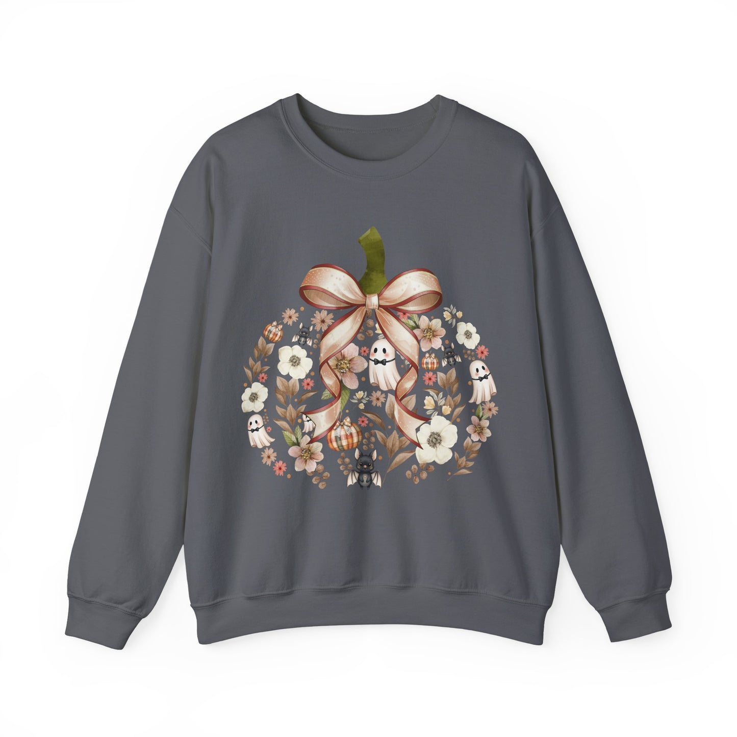 Cute Ghost Pumpkin Sweatshirt | Floral Halloween Crewneck | Spooky Pumpkin Bow Sweater | Fall Ghost Sweatshirt | Cozy Halloween Gift for Women | Crewneck Sweatshirt | Floral Pumpkin Wreath with Ribbon...