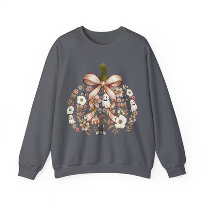 Cute Ghost Pumpkin Sweatshirt | Floral Halloween Crewneck | Spooky Pumpkin Bow Sweater | Fall Ghost Sweatshirt | Cozy Halloween Gift for Women | Crewneck Sweatshirt | Floral Pumpkin Wreath with Ribbon...