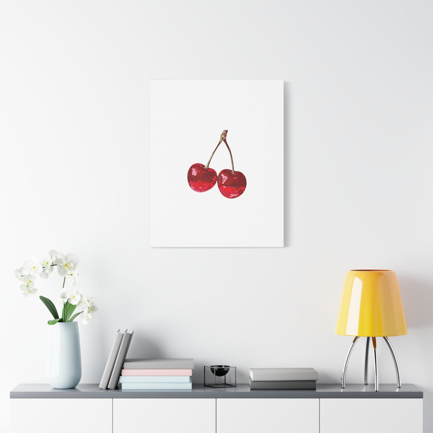 Red Glitter Disco Cherry Wall Art Print | Sparkly Pop Art Fruit Decor | Cherry Duo Matte Canvas Print | Minimal Fruit Wall Art