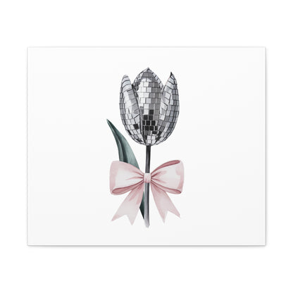 Silver Disco Tulip Wall Art Print with Pink Bow | Glam Floral Decor | Matte Canvas | Stretched |
