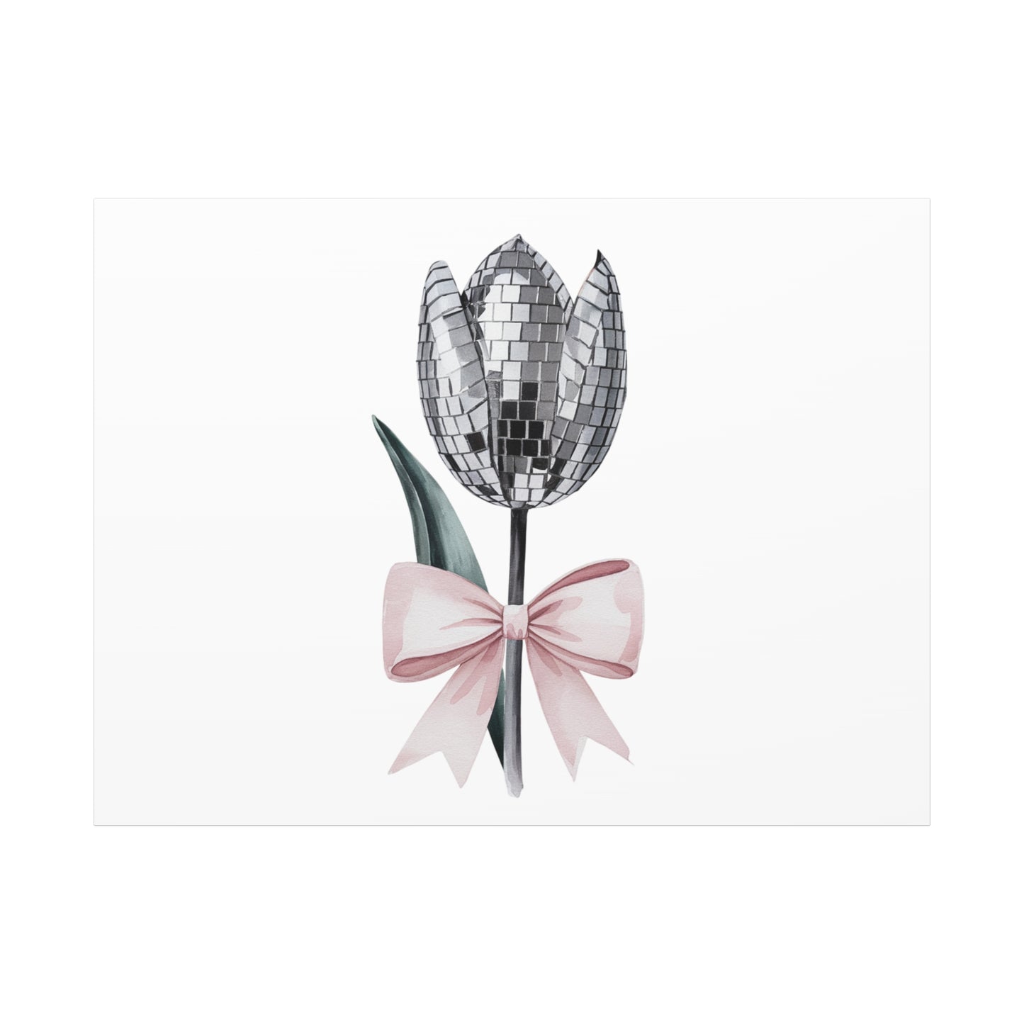 Silver Disco Tulip Wall Art Print with Pink Bow | Glam Floral Decor | Matte Canvas | Stretched |