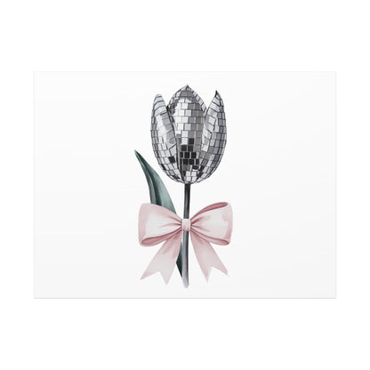 Silver Disco Tulip Wall Art Print with Pink Bow | Glam Floral Decor | Matte Canvas | Stretched |
