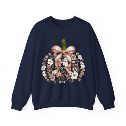 Cute Ghost Pumpkin Sweatshirt | Floral Halloween Crewneck | Spooky Pumpkin Bow Sweater | Fall Ghost Sweatshirt | Cozy Halloween Gift for Women | Crewneck Sweatshirt | Floral Pumpkin Wreath with Ribbon...