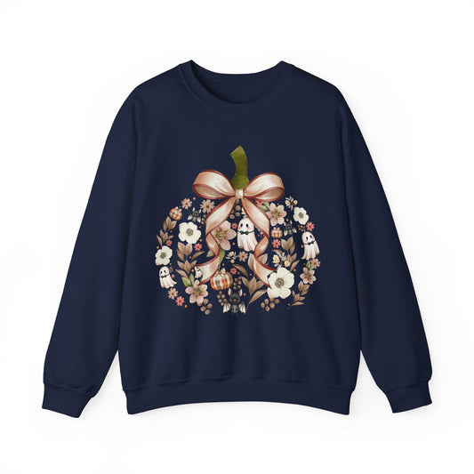 Cute Ghost Pumpkin Sweatshirt | Floral Halloween Crewneck | Spooky Pumpkin Bow Sweater | Fall Ghost Sweatshirt | Cozy Halloween Gift for Women | Crewneck Sweatshirt | Floral Pumpkin Wreath with Ribbon...