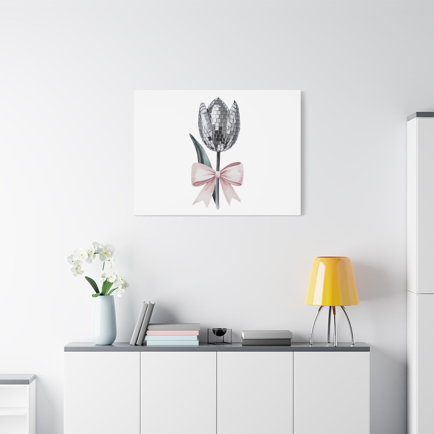 Silver Disco Tulip Wall Art Print with Pink Bow | Glam Floral Decor | Matte Canvas | Stretched |