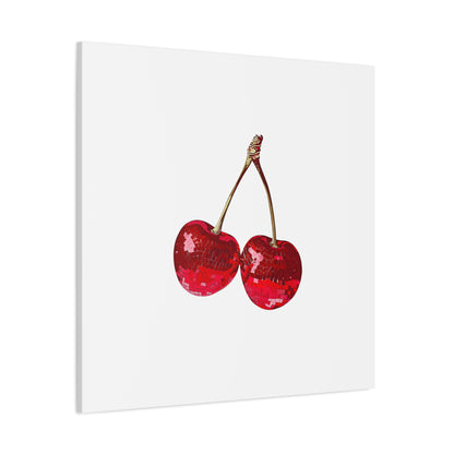 Red Glitter Disco Cherry Wall Art Print | Sparkly Pop Art Fruit Decor | Cherry Duo Matte Canvas Print | Minimal Fruit Wall Art