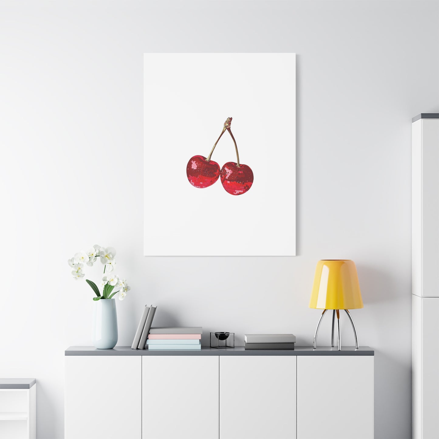 Red Glitter Disco Cherry Wall Art Print | Sparkly Pop Art Fruit Decor | Cherry Duo Matte Canvas Print | Minimal Fruit Wall Art