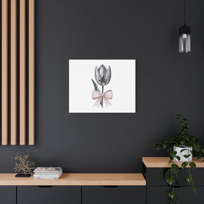 Silver Disco Tulip Wall Art Print with Pink Bow | Glam Floral Decor | Matte Canvas | Stretched |
