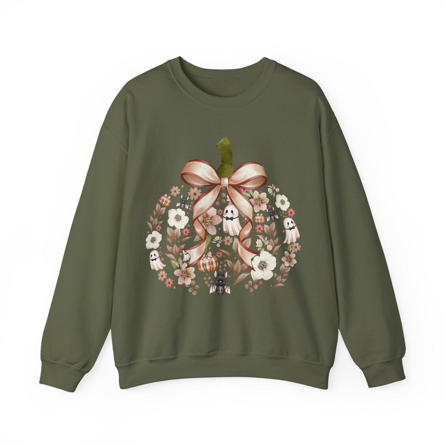 Cute Ghost Pumpkin Sweatshirt | Floral Halloween Crewneck | Spooky Pumpkin Bow Sweater | Fall Ghost Sweatshirt | Cozy Halloween Gift for Women | Crewneck Sweatshirt | Floral Pumpkin Wreath with Ribbon...