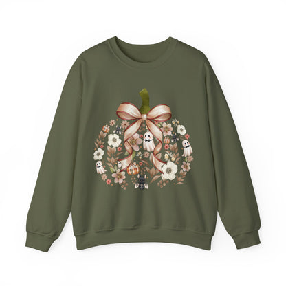 Cute Ghost Pumpkin Sweatshirt | Floral Halloween Crewneck | Spooky Pumpkin Bow Sweater | Fall Ghost Sweatshirt | Cozy Halloween Gift for Women | Crewneck Sweatshirt | Floral Pumpkin Wreath with Ribbon...