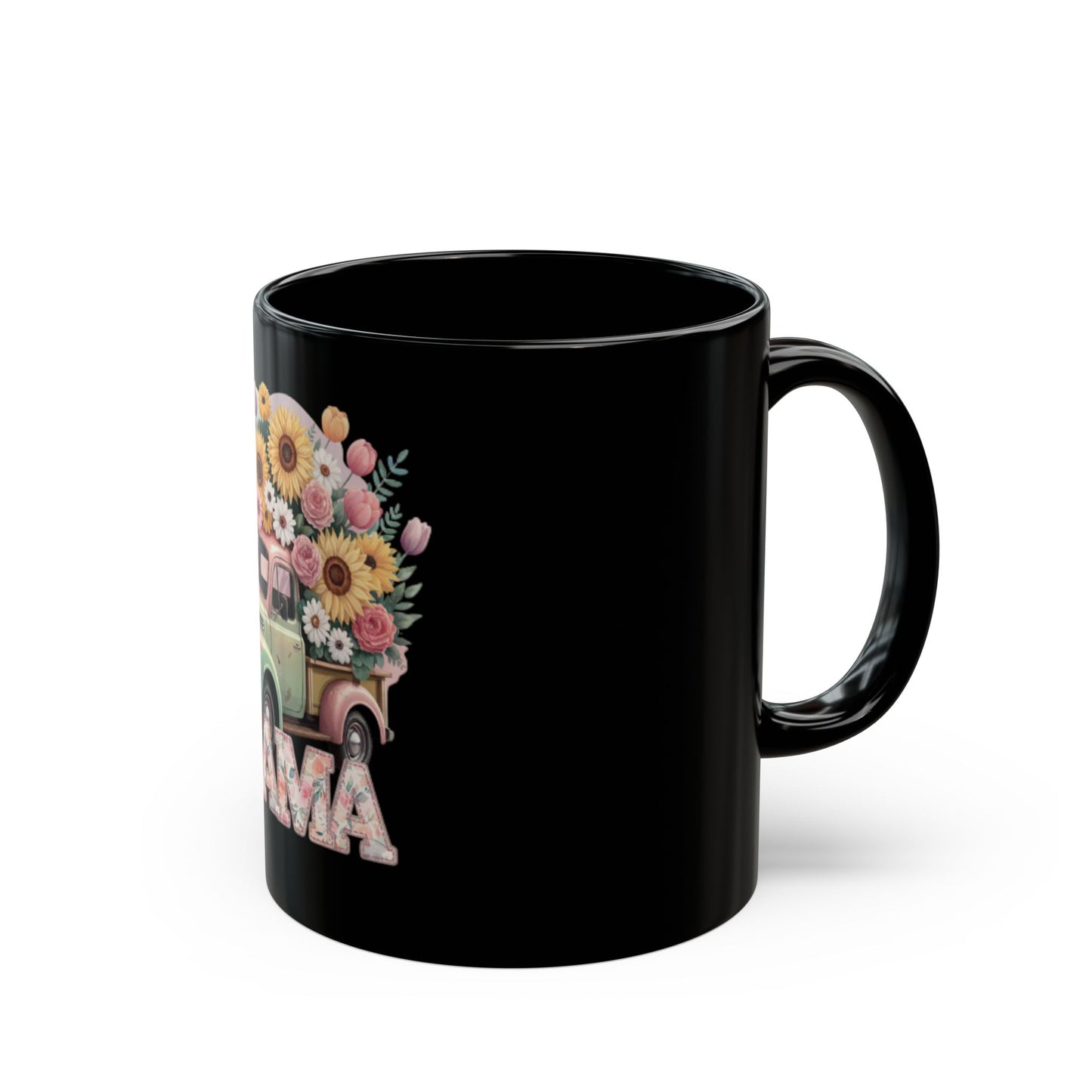 Mother’s Day Ceramic Mug | Mama Floral Truck Mug  | Vintage Flower Coffee Cup for Mom | Cute Mama Gift Mug | Black Mug  | 11oz | 15oz