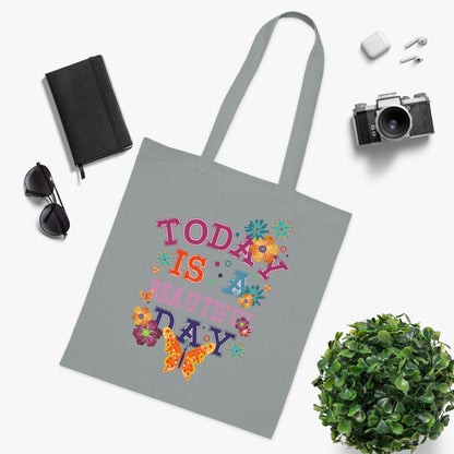 Tote for Everyday Use | Picnic | Travel Today Is a Beautiful Day Cotton Tote | Floral Butterfly Motivational Shopper Bag