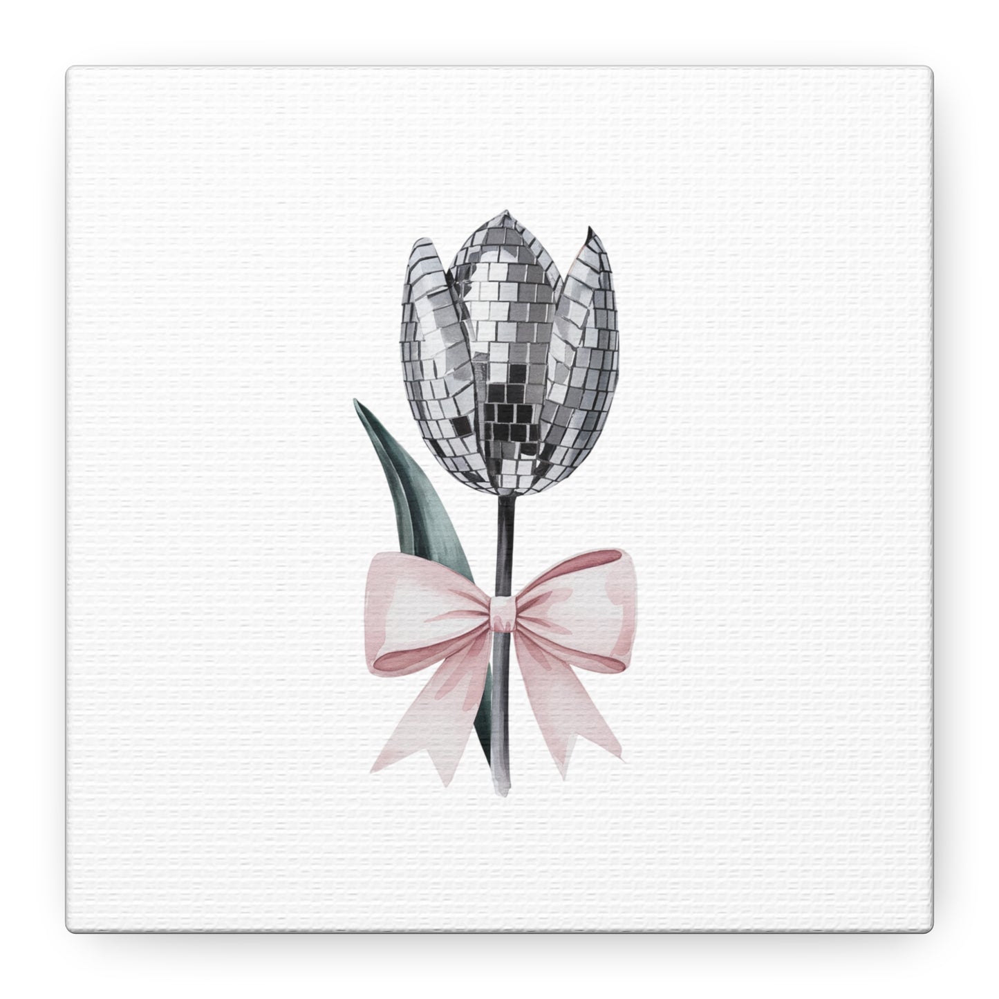 Silver Disco Tulip Wall Art Print with Pink Bow | Glam Floral Decor | Matte Canvas | Stretched |