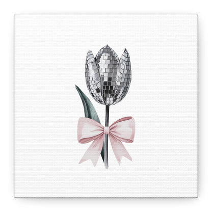 Silver Disco Tulip Wall Art Print with Pink Bow | Glam Floral Decor | Matte Canvas | Stretched |