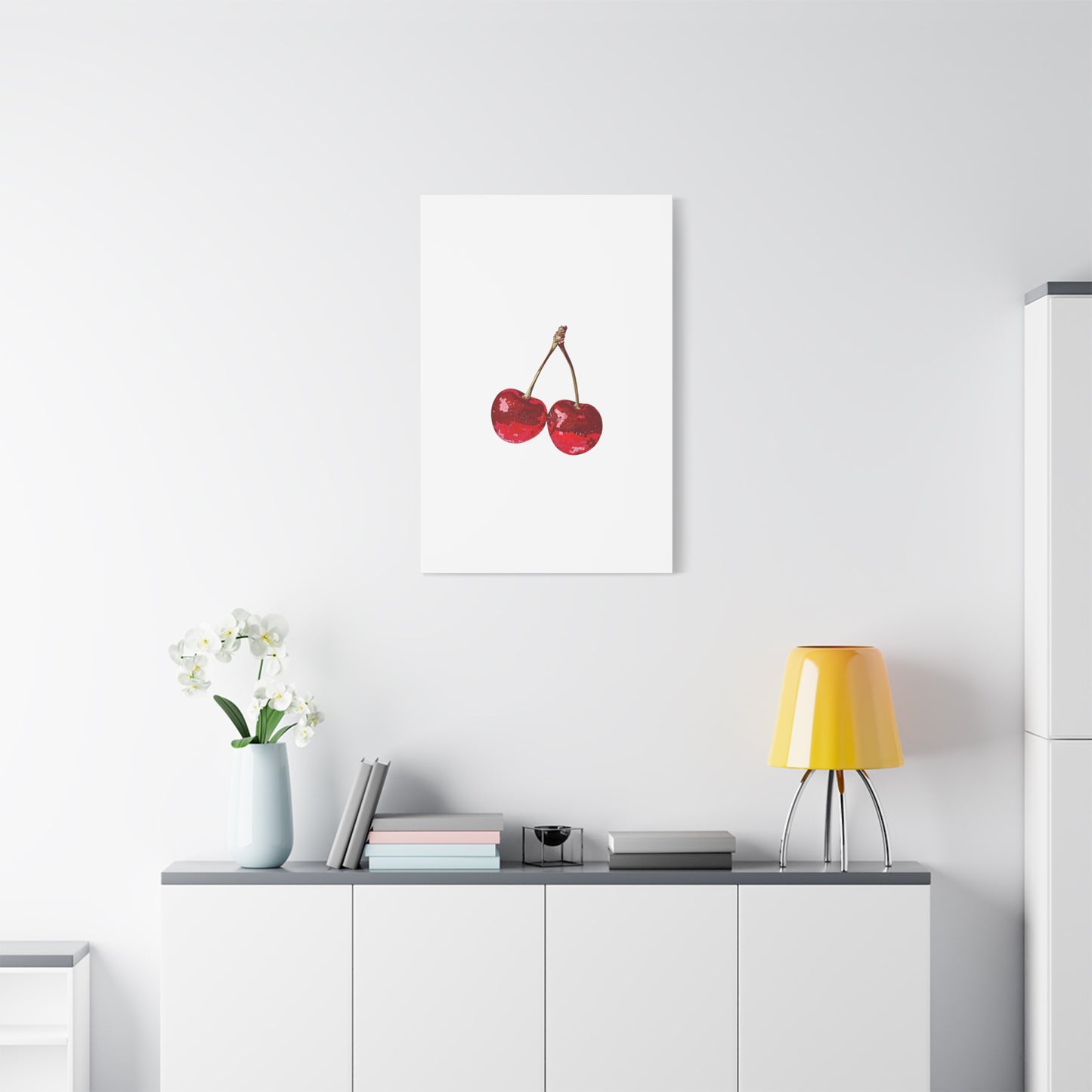 Red Glitter Disco Cherry Wall Art Print | Sparkly Pop Art Fruit Decor | Cherry Duo Matte Canvas Print | Minimal Fruit Wall Art