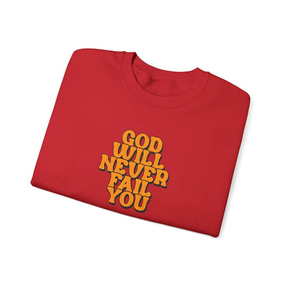 Red t-shirt: God Never Fails. | GrindGlow Apparel