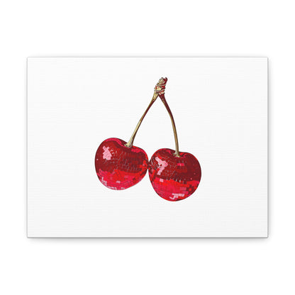 Red Glitter Disco Cherry Wall Art Print | Sparkly Pop Art Fruit Decor | Cherry Duo Matte Canvas Print | Minimal Fruit Wall Art