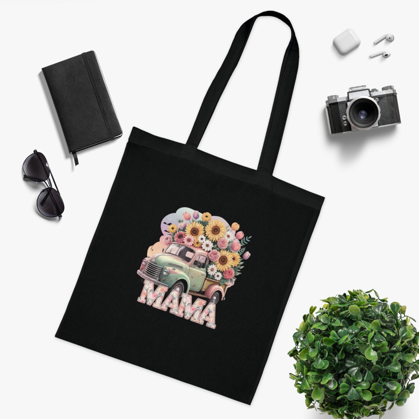 Cotton Tote | Vintage Sunflower Mother’s Day Gift | Mama Floral Truck Tote Bag | Cute Mom Canvas Tote Bag for Everyday Use | Gifts