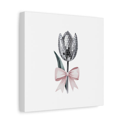 Silver Disco Tulip Wall Art Print with Pink Bow | Glam Floral Decor | Matte Canvas | Stretched |