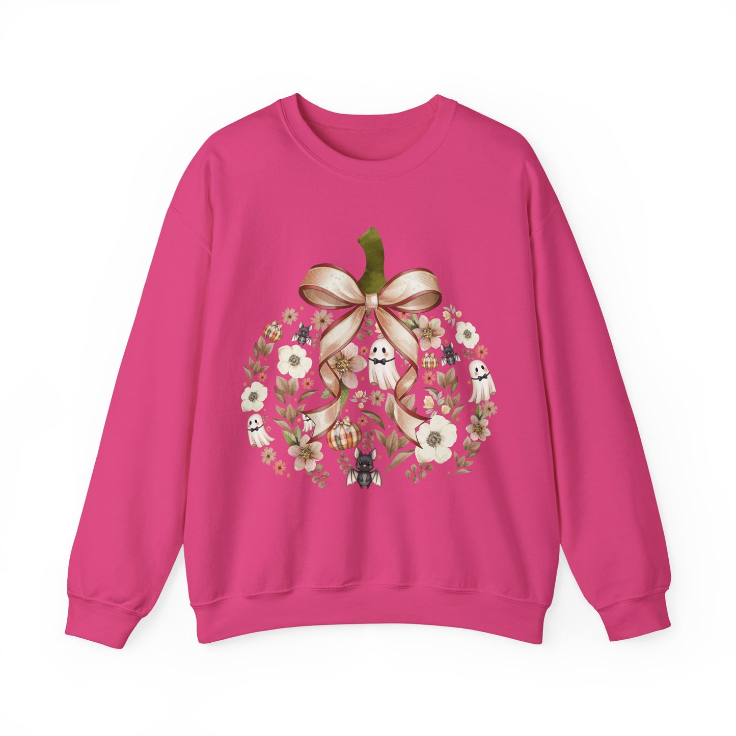 Cute Ghost Pumpkin Sweatshirt | Floral Halloween Crewneck | Spooky Pumpkin Bow Sweater | Fall Ghost Sweatshirt | Cozy Halloween Gift for Women | Crewneck Sweatshirt | Floral Pumpkin Wreath with Ribbon...