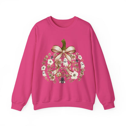 Cute Ghost Pumpkin Sweatshirt | Floral Halloween Crewneck | Spooky Pumpkin Bow Sweater | Fall Ghost Sweatshirt | Cozy Halloween Gift for Women | Crewneck Sweatshirt | Floral Pumpkin Wreath with Ribbon...