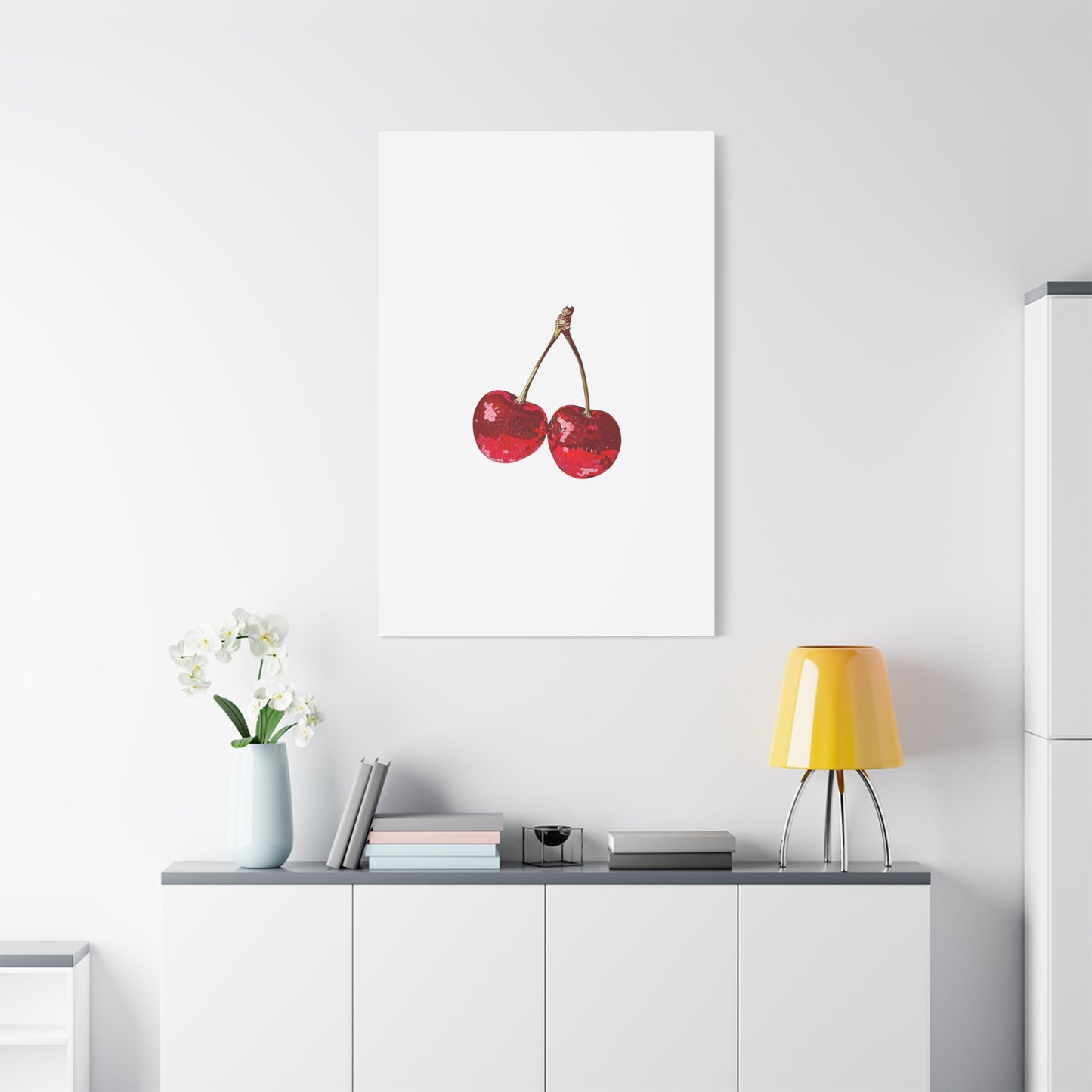 Red Glitter Disco Cherry Wall Art Print | Sparkly Pop Art Fruit Decor | Cherry Duo Matte Canvas Print | Minimal Fruit Wall Art