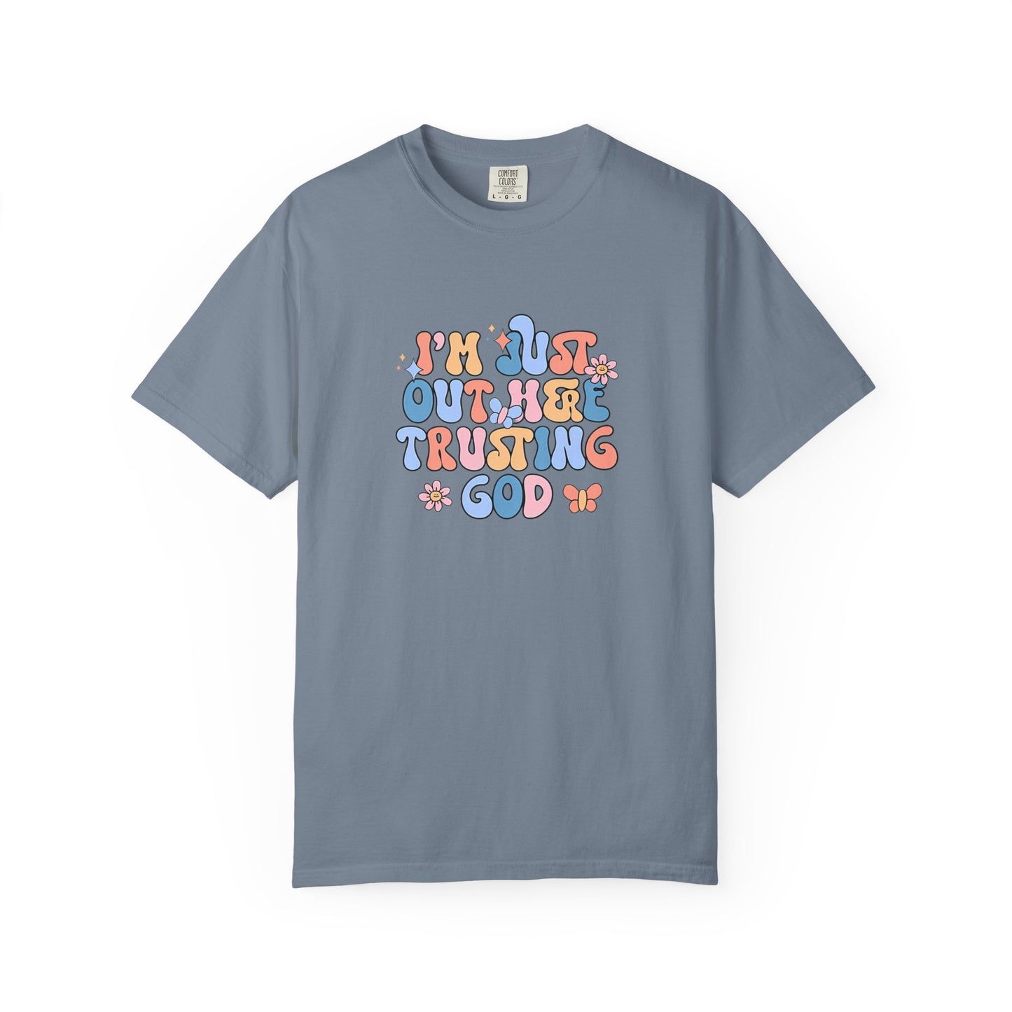 Trusting God Graphic T-Shirt | Retro Floral | I'm Just Out Here Trusting God | Christian Tee | Trusting God T-Shirt | Retro Christian Faith Graphic Tee