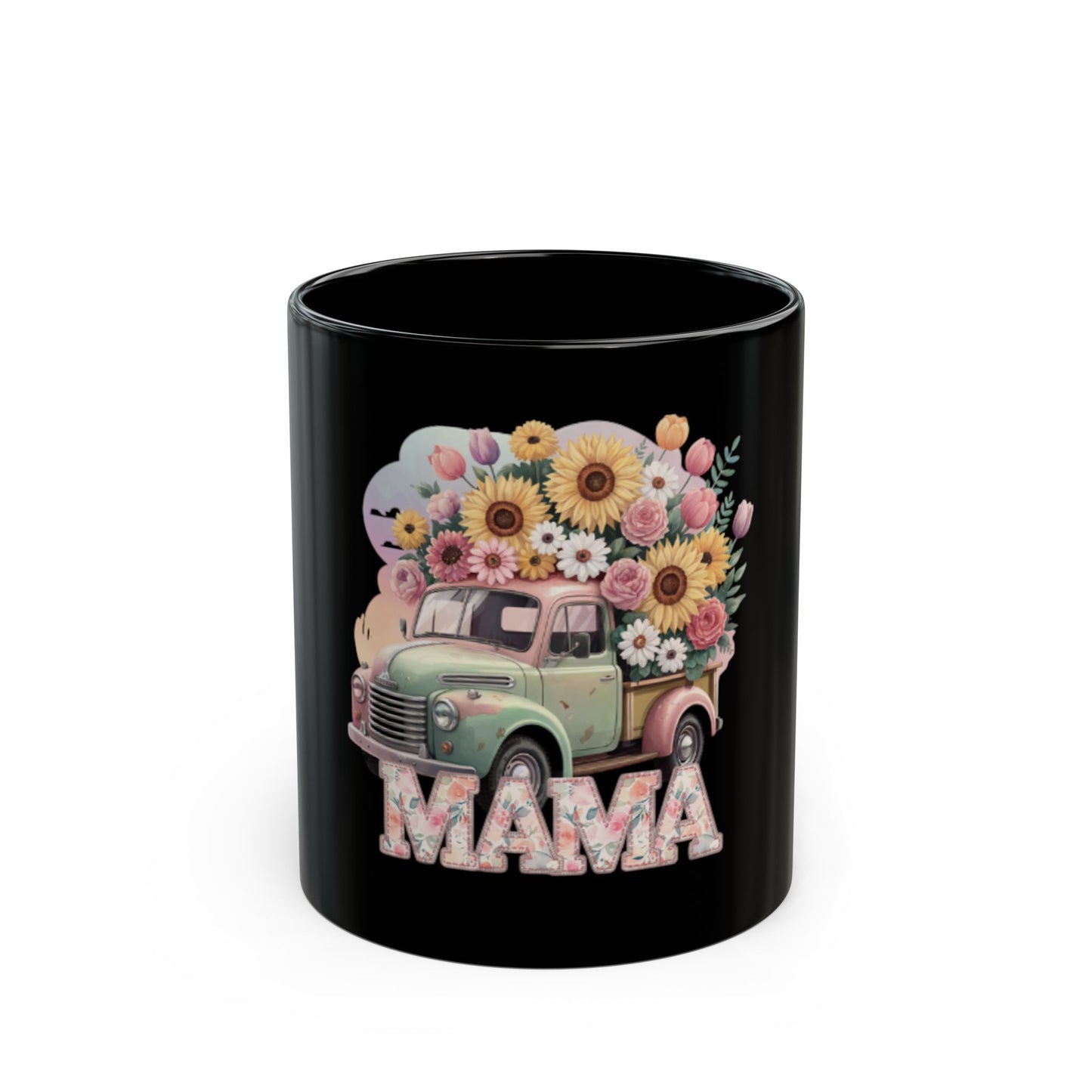 Mother’s Day Ceramic Mug | Mama Floral Truck Mug  | Vintage Flower Coffee Cup for Mom | Cute Mama Gift Mug | Black Mug  | 11oz | 15oz