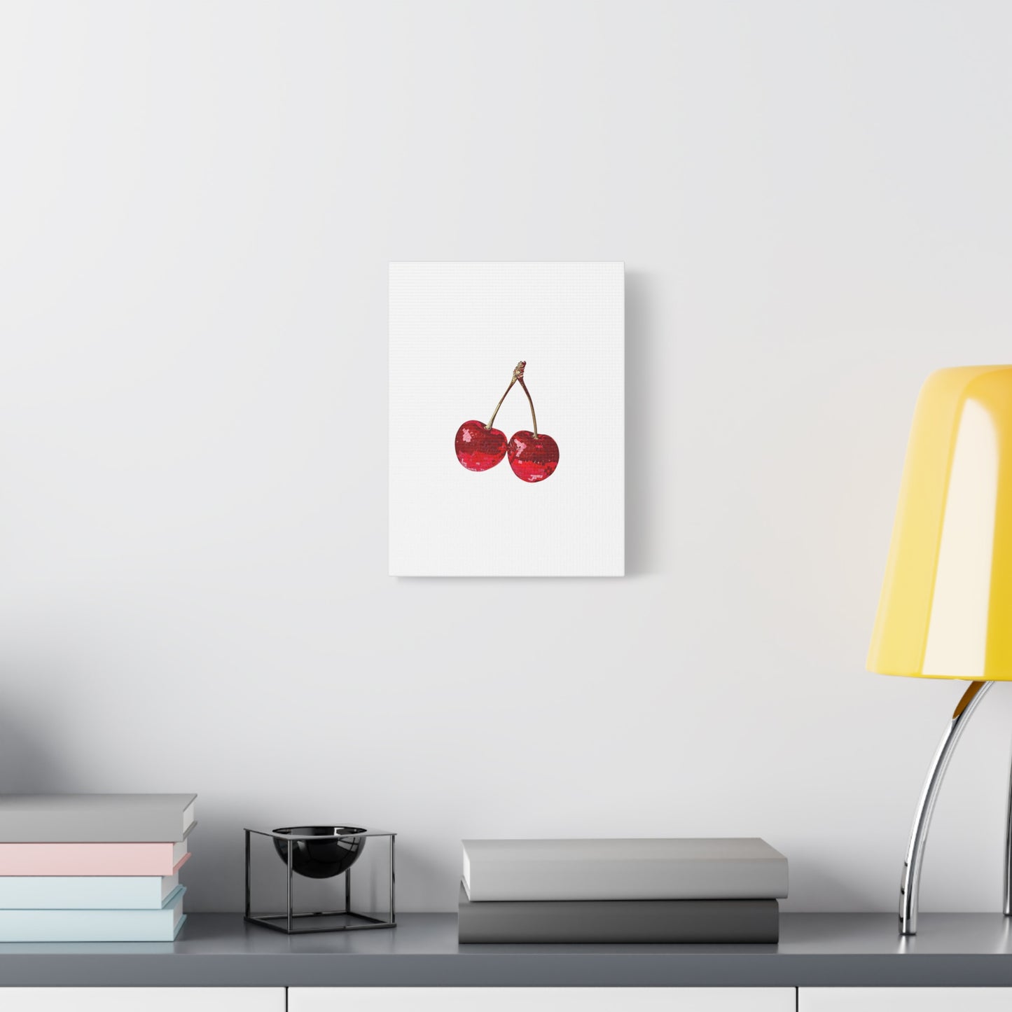 Red Glitter Disco Cherry Wall Art Print | Sparkly Pop Art Fruit Decor | Cherry Duo Matte Canvas Print | Minimal Fruit Wall Art