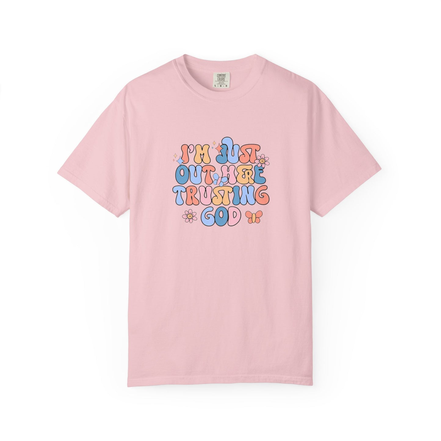Trusting God Graphic T-Shirt | Retro Floral | I'm Just Out Here Trusting God | Christian Tee | Trusting God T-Shirt | Retro Christian Faith Graphic Tee