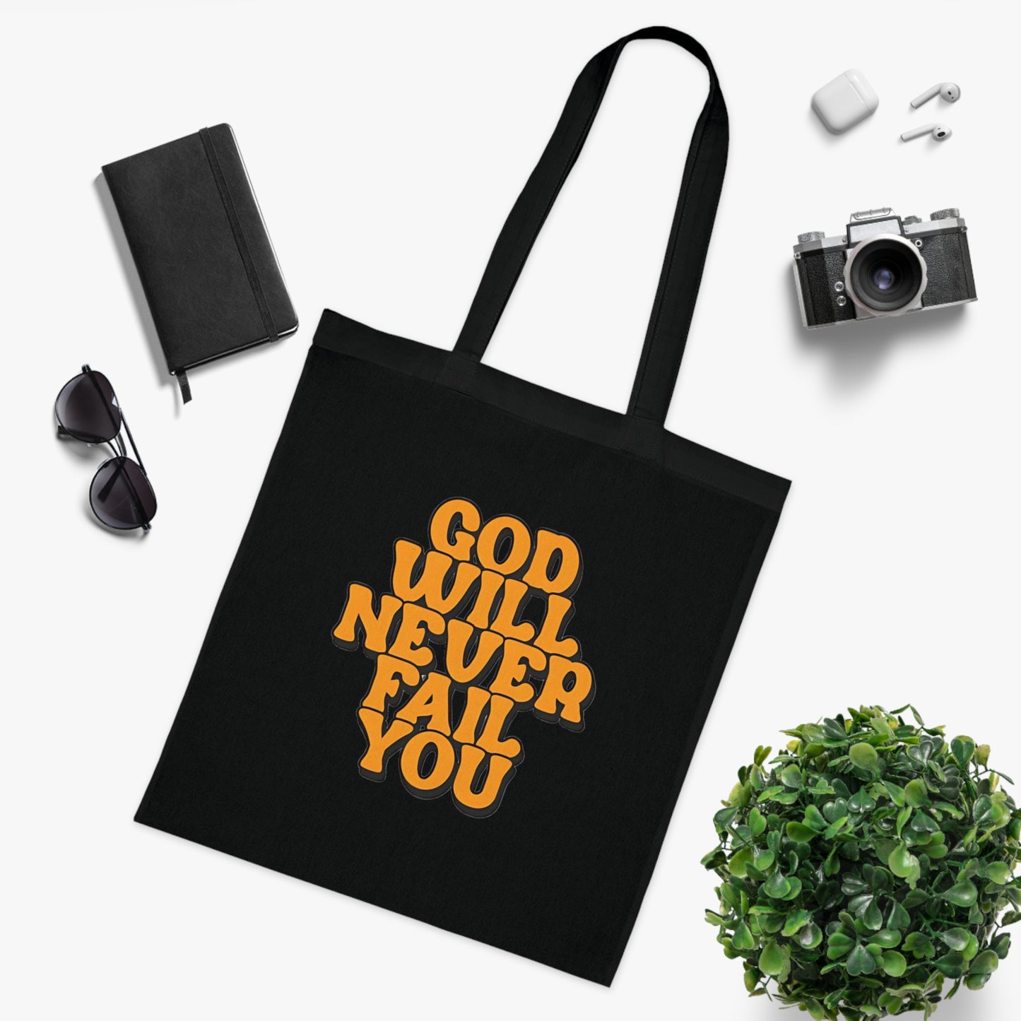 Faith Tote Bag | God Will Never Fail You | Inspirational Cotton Shopping Tote | Christian Faith Canvas Tote Bag for Church | Men | Everyday Use