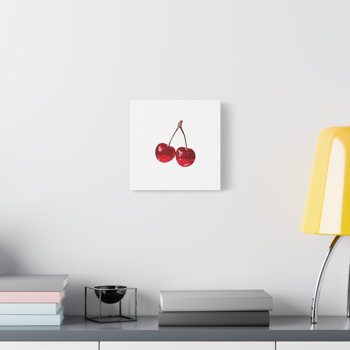 Red Glitter Disco Cherry Wall Art Print | Sparkly Pop Art Fruit Decor | Cherry Duo Matte Canvas Print | Minimal Fruit Wall Art