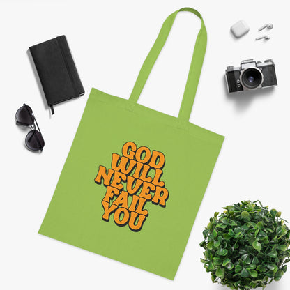Faith Tote Bag | God Will Never Fail You | Inspirational Cotton Shopping Tote | Christian Faith Canvas Tote Bag for Church | Men | Everyday Use