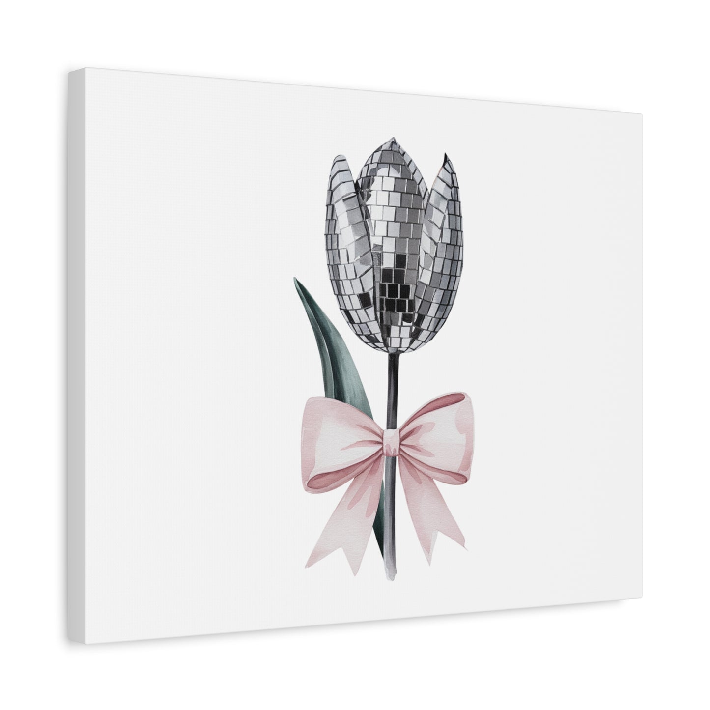 Silver Disco Tulip Wall Art Print with Pink Bow | Glam Floral Decor | Matte Canvas | Stretched |
