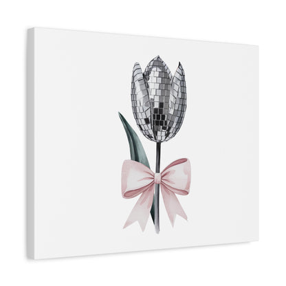 Silver Disco Tulip Wall Art Print with Pink Bow | Glam Floral Decor | Matte Canvas | Stretched |