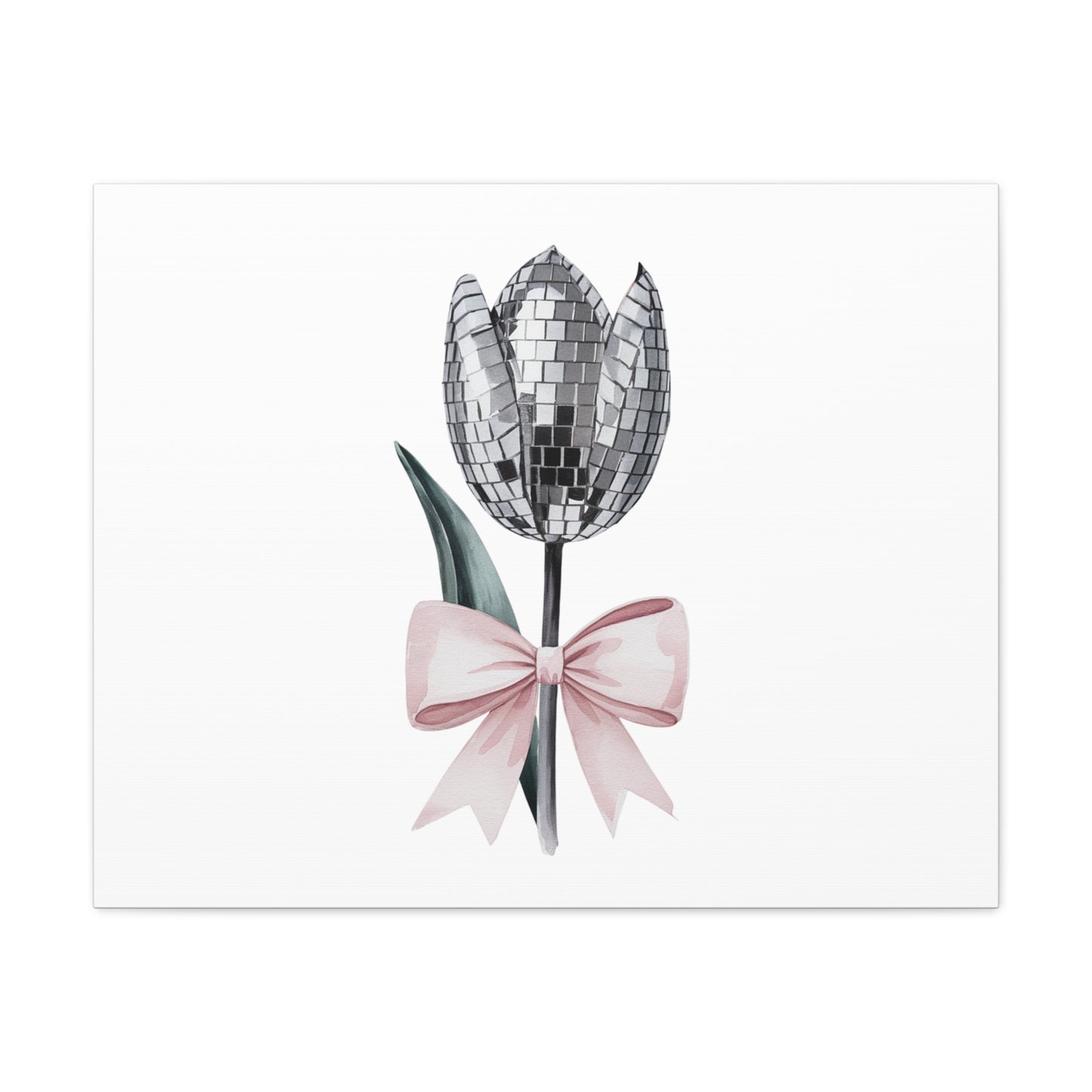 Silver Disco Tulip Wall Art Print with Pink Bow | Glam Floral Decor | Matte Canvas | Stretched |