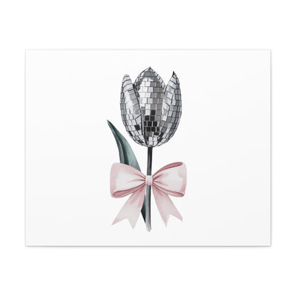 Silver Disco Tulip Wall Art Print with Pink Bow | Glam Floral Decor | Matte Canvas | Stretched |