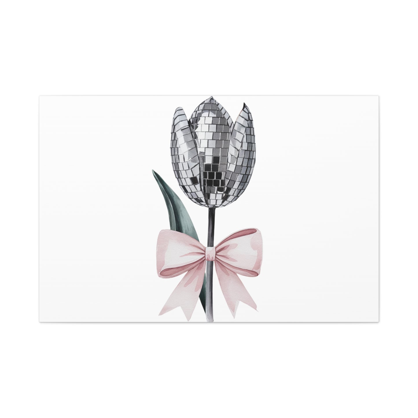 Silver Disco Tulip Wall Art Print with Pink Bow | Glam Floral Decor | Matte Canvas | Stretched |