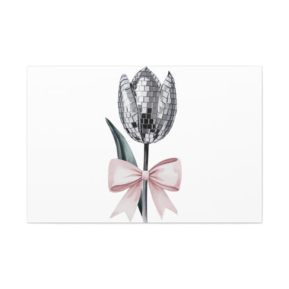 Silver Disco Tulip Wall Art Print with Pink Bow | Glam Floral Decor | Matte Canvas | Stretched |