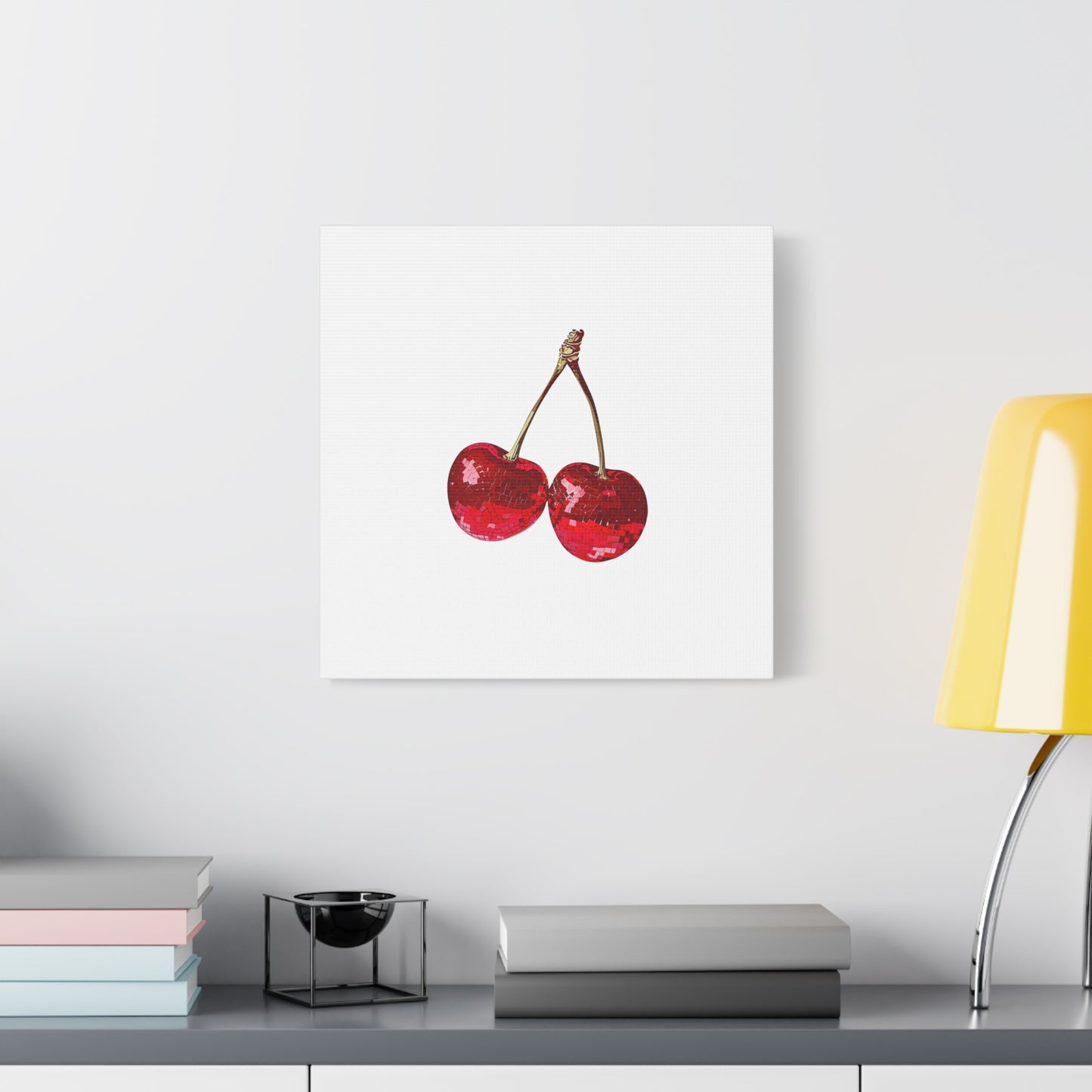 Red Glitter Disco Cherry Wall Art Print | Sparkly Pop Art Fruit Decor | Cherry Duo Matte Canvas Print | Minimal Fruit Wall Art
