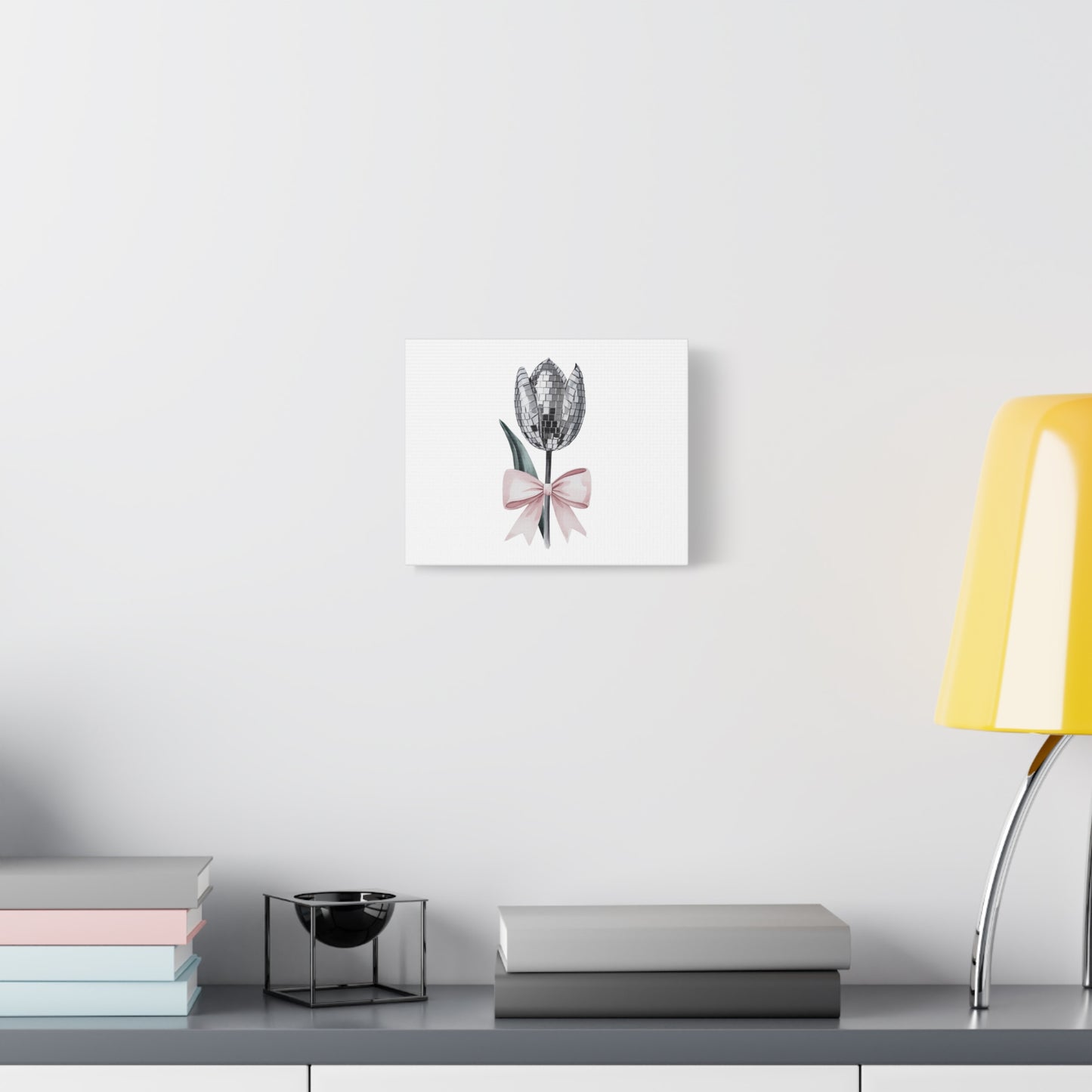 Silver Disco Tulip Wall Art Print with Pink Bow | Glam Floral Decor | Matte Canvas | Stretched |