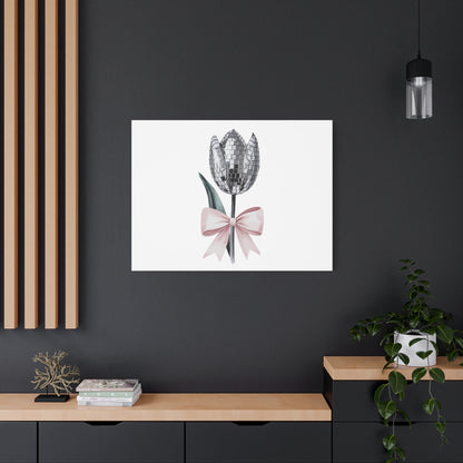 Silver Disco Tulip Wall Art Print with Pink Bow | Glam Floral Decor | Matte Canvas | Stretched |