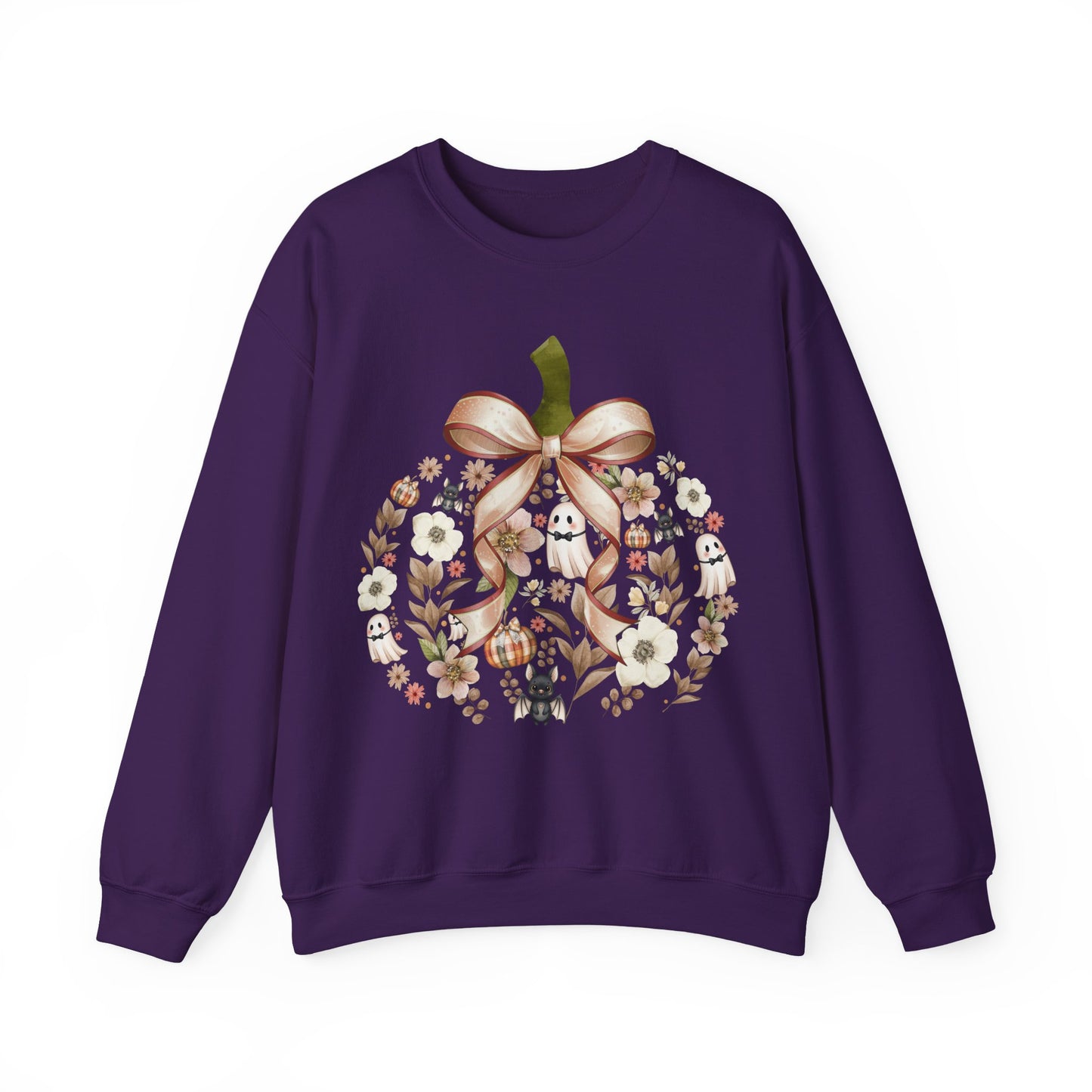 Cute Ghost Pumpkin Sweatshirt | Floral Halloween Crewneck | Spooky Pumpkin Bow Sweater | Fall Ghost Sweatshirt | Cozy Halloween Gift for Women | Crewneck Sweatshirt | Floral Pumpkin Wreath with Ribbon...