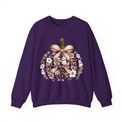 Cute Ghost Pumpkin Sweatshirt | Floral Halloween Crewneck | Spooky Pumpkin Bow Sweater | Fall Ghost Sweatshirt | Cozy Halloween Gift for Women | Crewneck Sweatshirt | Floral Pumpkin Wreath with Ribbon...