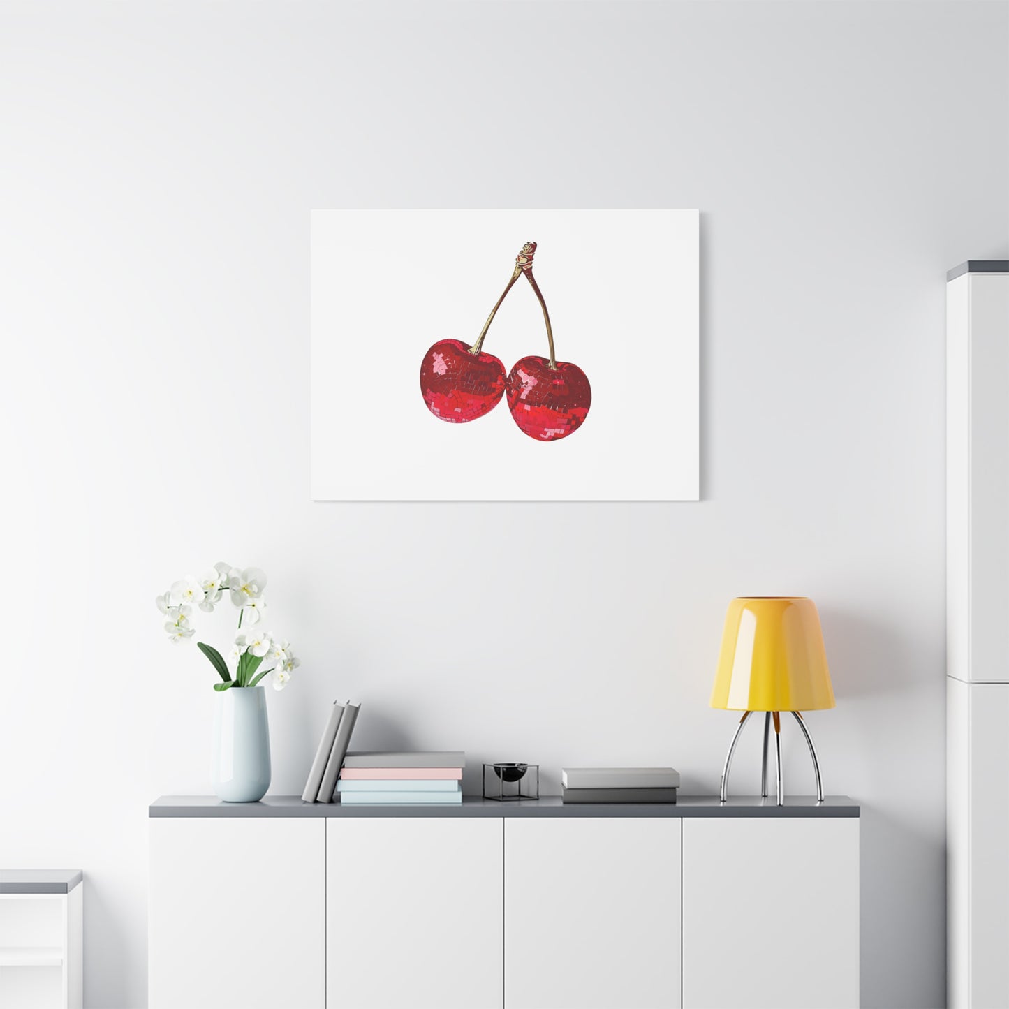 Red Glitter Disco Cherry Wall Art Print | Sparkly Pop Art Fruit Decor | Cherry Duo Matte Canvas Print | Minimal Fruit Wall Art