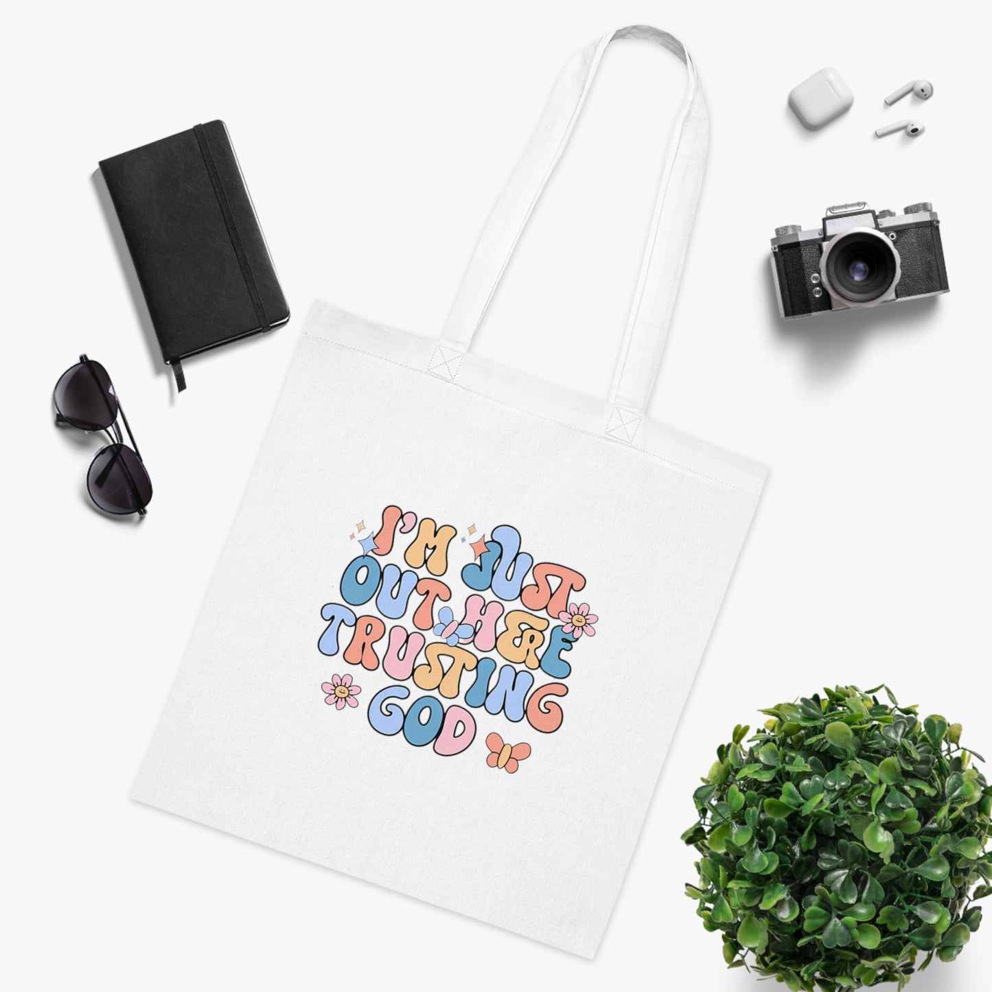 Trusting God Floral Tote | Retro Faith Cotton Tote Bag | Christian Faith Canvas Tote Bag for Men | Church & Everyday Use | I’m Just Out Here Trusting God Tote Bag