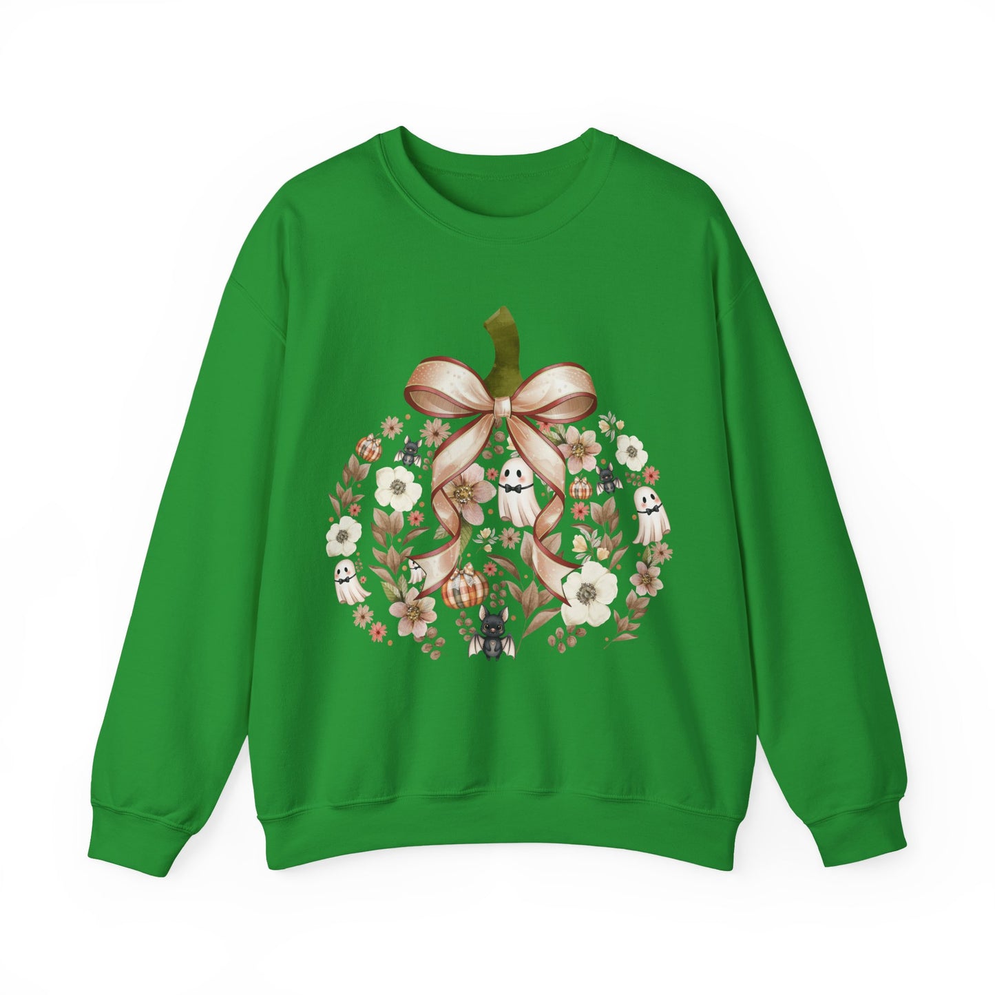 Cute Ghost Pumpkin Sweatshirt | Floral Halloween Crewneck | Spooky Pumpkin Bow Sweater | Fall Ghost Sweatshirt | Cozy Halloween Gift for Women | Crewneck Sweatshirt | Floral Pumpkin Wreath with Ribbon...