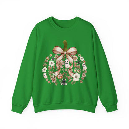 Cute Ghost Pumpkin Sweatshirt | Floral Halloween Crewneck | Spooky Pumpkin Bow Sweater | Fall Ghost Sweatshirt | Cozy Halloween Gift for Women | Crewneck Sweatshirt | Floral Pumpkin Wreath with Ribbon...