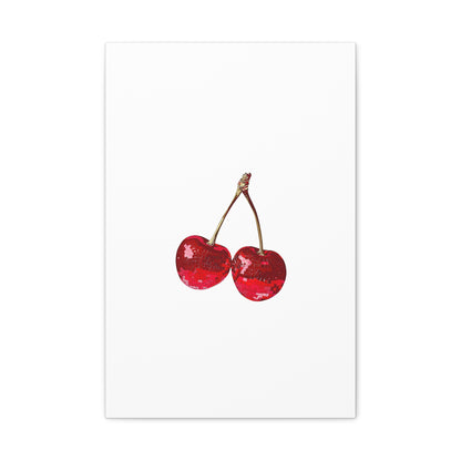 Red Glitter Disco Cherry Wall Art Print | Sparkly Pop Art Fruit Decor | Cherry Duo Matte Canvas Print | Minimal Fruit Wall Art