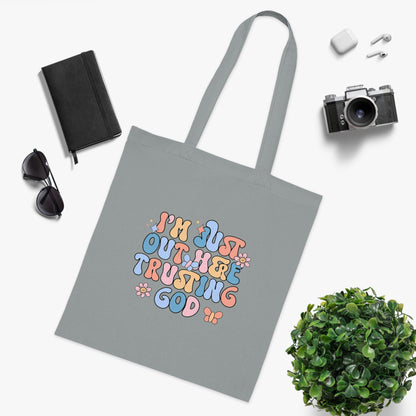 Trusting God Floral Tote | Retro Faith Cotton Tote Bag | Christian Faith Canvas Tote Bag for Men | Church & Everyday Use | I’m Just Out Here Trusting God Tote Bag